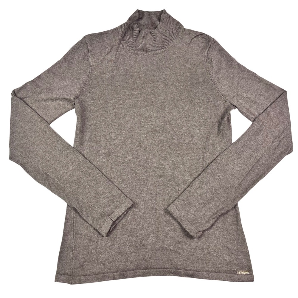 Tahari Womens Mock Neck Sweater Taupe Brown Marl Rayon Blend Long Sleeve Small